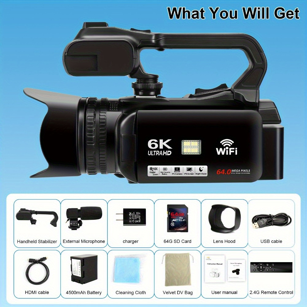 

6k 64mp Camcorder, 18x Ir , 4.0" Touch , , 64g Sd , 4500mah Battery