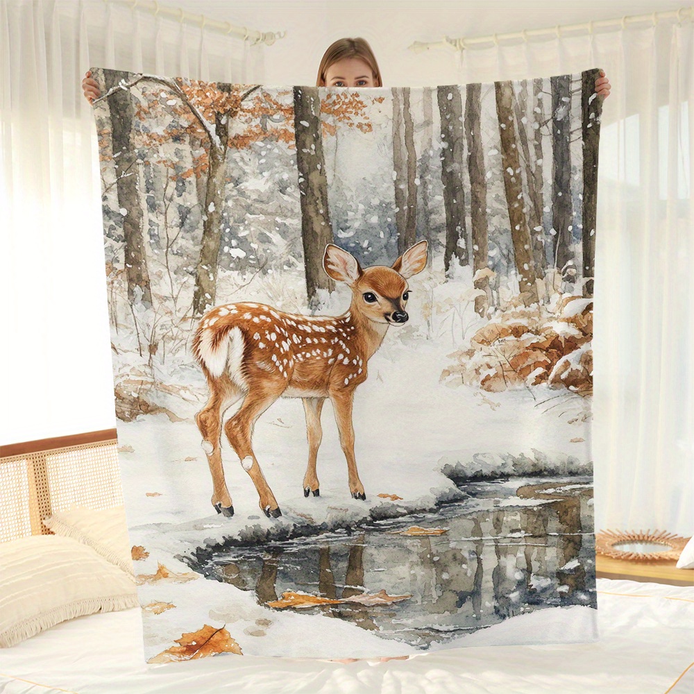 

All-season Flannel Fleece Throw Blanket With Deer In Digital Print - Contemporary Style, Soft Polyester, Woven Craftsmanship, Ideal For Sofa, Nap, Gift - Lightweight And Cozy