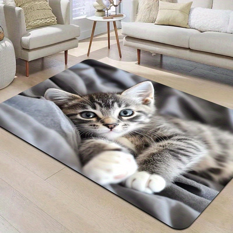   cat lying on bed design versatile floor mat for gaming room bathroom   spaces machine washable polyester rug with non slip pvc backing details 8