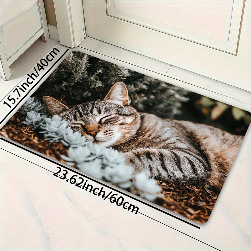 TEMU Machine Washable Polyester Doormat With Non-slip Pvc Backing - Indoor Use Cat Nap Design Entryway Rug For Bathroom, Kitchen, Living Room, And Bedroom Decoration