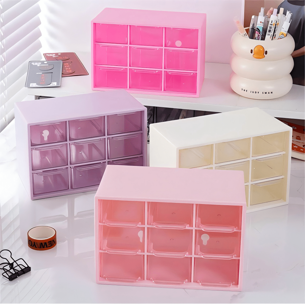 

1pc Plastic Desk Organizer - Multipurpose 9- Drawer Box For Office Supplies, , Jewelry, And - Desktop Container , Desk & Drawer Organizer For