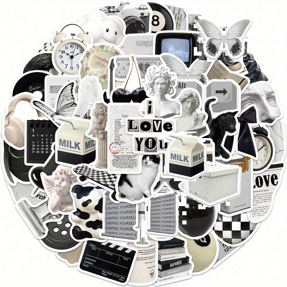 61pcs Y2K Aesthetic Vinyl Stickers Set, Vintage Dark Academia Black and White Decals, Waterproof Kpop Themed Stickers for Laptop, Water Bottle, Skateboard, Phone, Luggage, Guitar - Single Use
