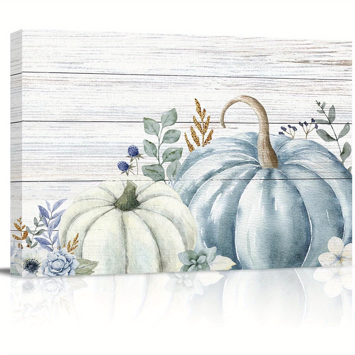 

Blue White Pumpkin Wall Art For Living Room/bedroom, Canvas Bathroom Decor Wall Art Kitchen Office Framed Wood Oil Painting Picture, Fall Thanksgiving Eucalyptus Leaves "x16"(wrapped Canvas)