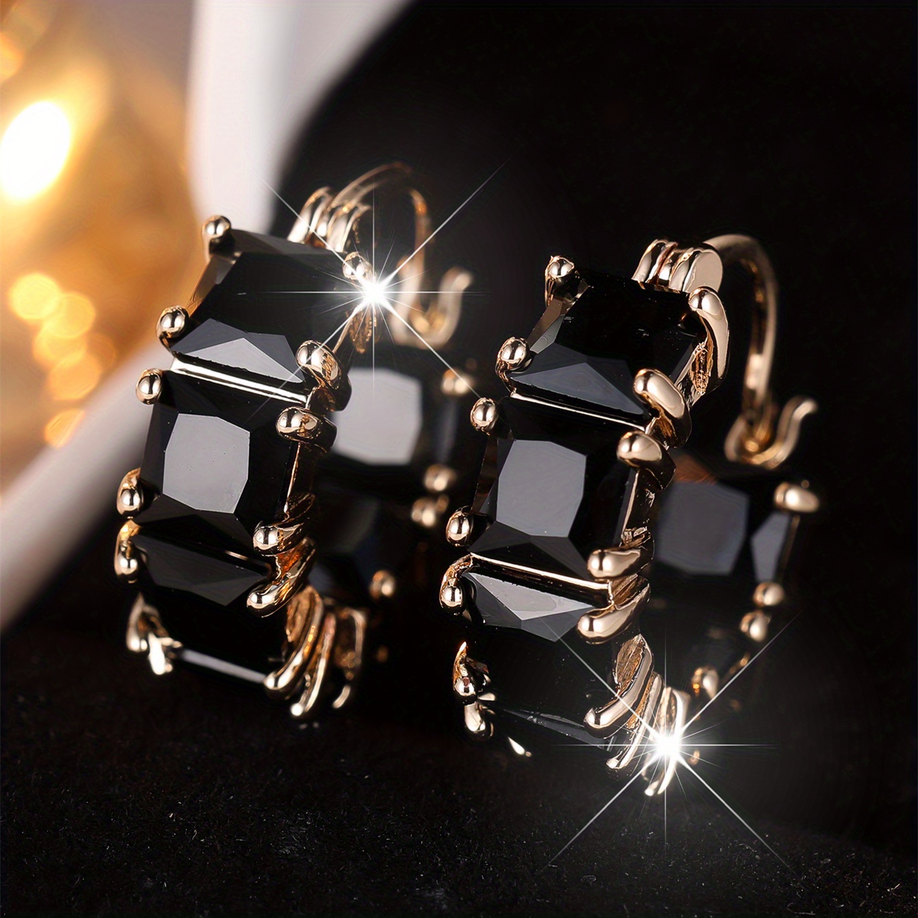Image of 1 Pair Vintage Black Synthetic Synthetic Zircon​​ Stone Hoop Earrings For Women Fashion Female Golden Color Wedding Jewelry