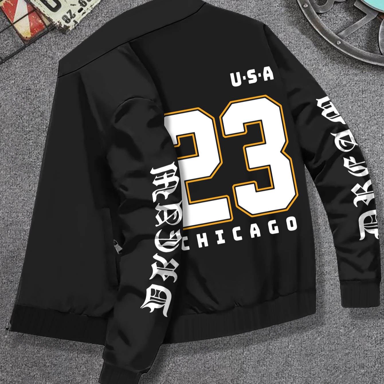 

Men's Varsity Jacket Casual Stand Collar Knit Fabric Regular Fit With Polyester And Elastane Blend, Slight Stretch, Random Printed Design, Usa 23 Chicago Jacket