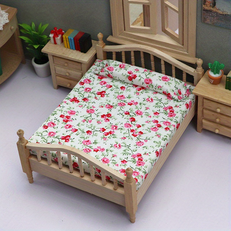 1:12 Scale Dollhouse Miniature Bed Set - Metal Frame White Floral Pattern Doll Furniture