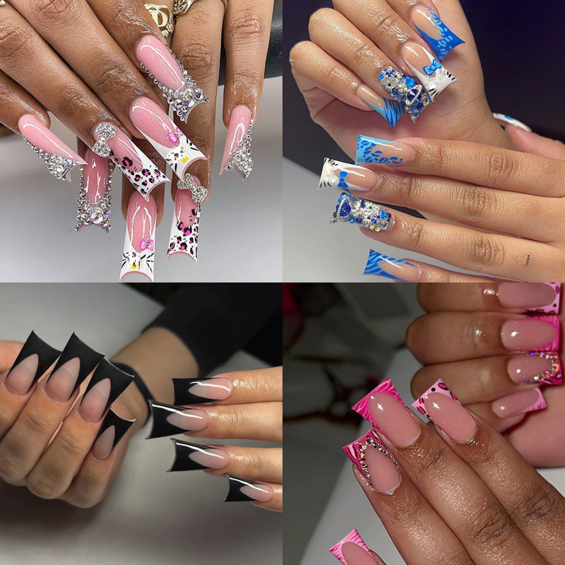 TEMU 96pcs (4pcs) French Tip Press-on Nails - Medium Square Fake Nails With Duckbill Design, Glossy Pink & Blue Tips With Rhinestones, Reusable Full Cover False Nails For Stylish , Nail Accessories