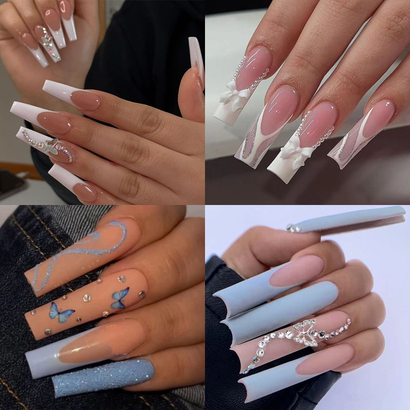 

96pcs French Tip Press On Nails Long Square Blue White Fake Nails Butterfly Glossy Coffin False Nails With Bow Rhinestone Glitter White French Tip With Reusable Acrylic Nails For Women Girls Manicure