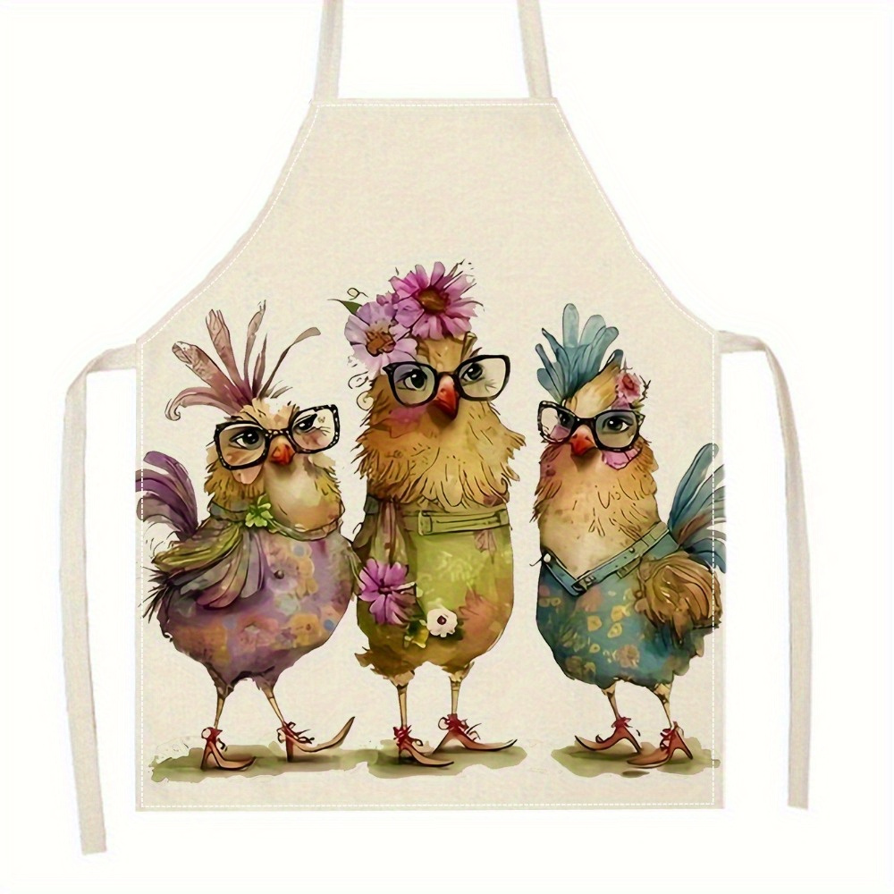 TEMU 1 Piece, Kitchen Apron, Cartoon Rooster Pattern Linen Apron, Rural Farmhouse Kitchen Cooking Apron With Adjustable Shoulder Straps, Suitable For