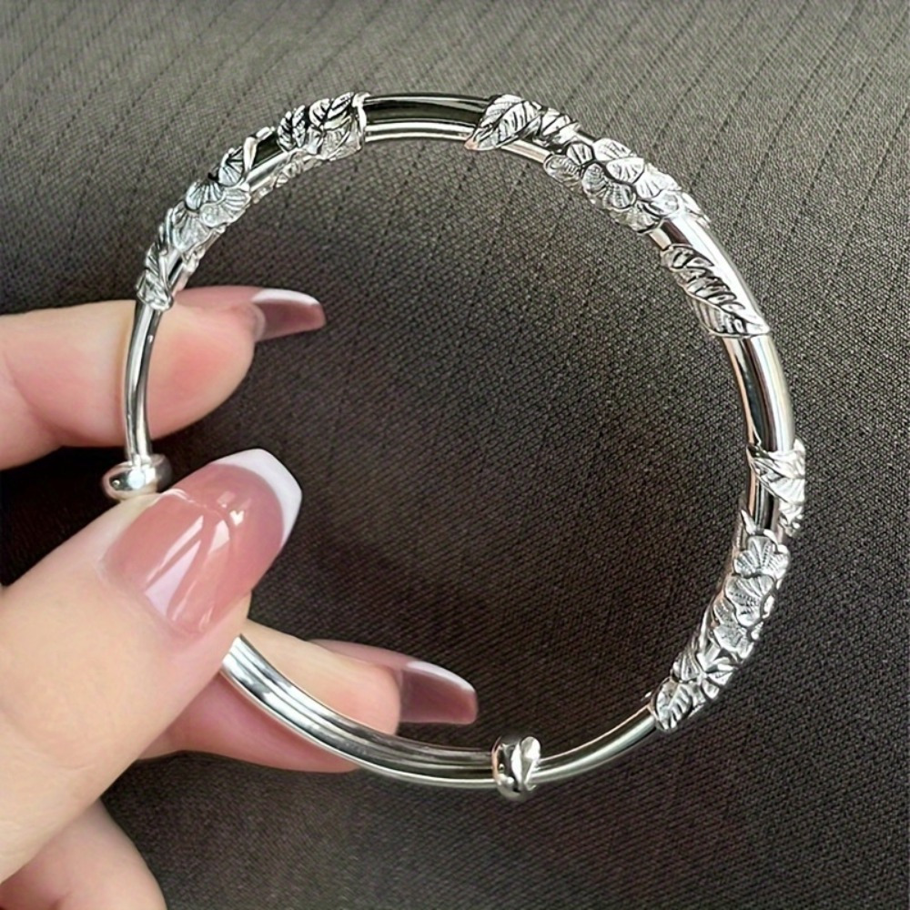 

925 Silver Push-pull Bangle For Girls, Exquisite Solid Bangle With Floral Patterns, Birthday Gift