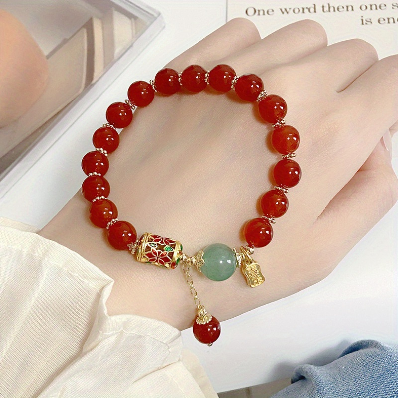 

1pc Vintage Enamel Red Agate Auspicious Blessing Bracelet - Natural High-end Bracelet - Auspicious Pattern - Send Relatives And Friends Blessing Gifts - Women's Bracelet Handmade Hand String