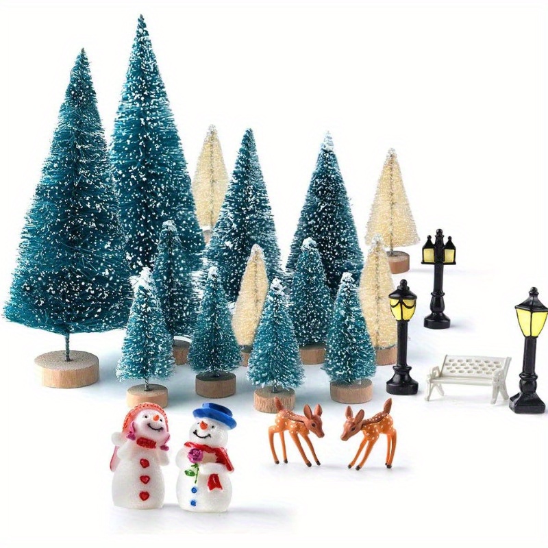 

31-piece Christmas Set With Snow-covered Mini Bottle Brush Trees, Snowmen, Reindeer, And Lamp Post - Non-electric Seasonal Display Accessories For Holiday Decoration