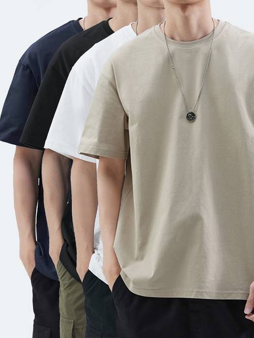 4-delige set zwaargewicht 100% katoenen heren-t-shirts - 4 stuks geschikt voor zomerse vrijetijdskleding, t-shirts met ronde hals en korte mouwen met basis voor laagjes of los, machinewasbaar, alledaagse basisgarderobe