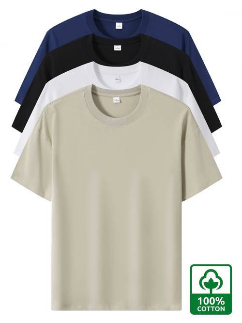 4pcs mens premium cotton t shirts casual summer short sleeve cotton machine washable crew neck in assorted colors navy beige gray black with geometric pattern