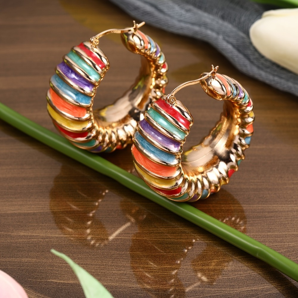 TEMU 1 Pair, Colorful Striped Enamel Drop Earrings, Vintage & Elegant Style, Luxurious Rainbow Half-hoop Party Jewelry, Unique For A