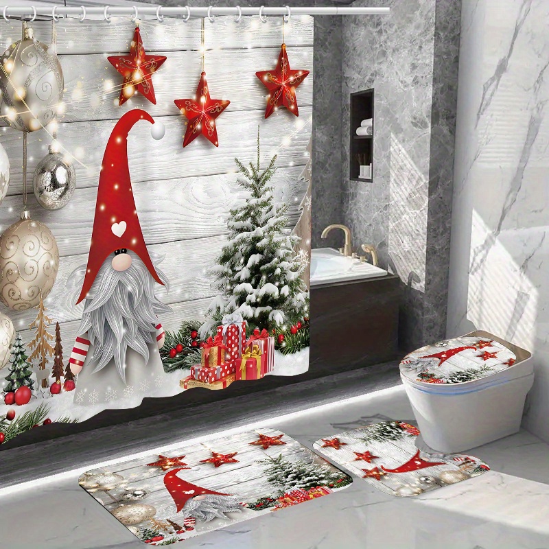 

Christmas Shower Curtain Set With Hooks And Non-slip Bath Mats - Water-resistant Woven Polyester Fabric With Festive Gnome And Tree Pattern - Dry Clean Only Bathroom Decor Ensemble