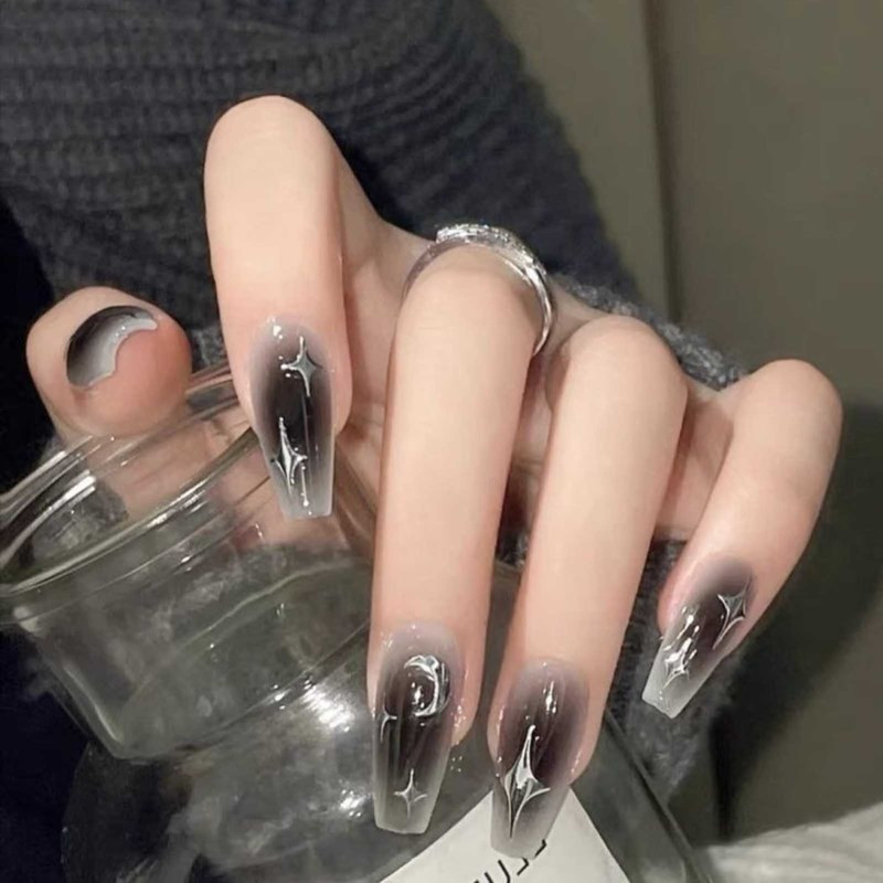 

24 Pcs French Tip Press On Nails, Square False Nails Gradient False Nails With Star Moon , Grey Black Ballerina Ombre Coffin False Nails For Women Girls