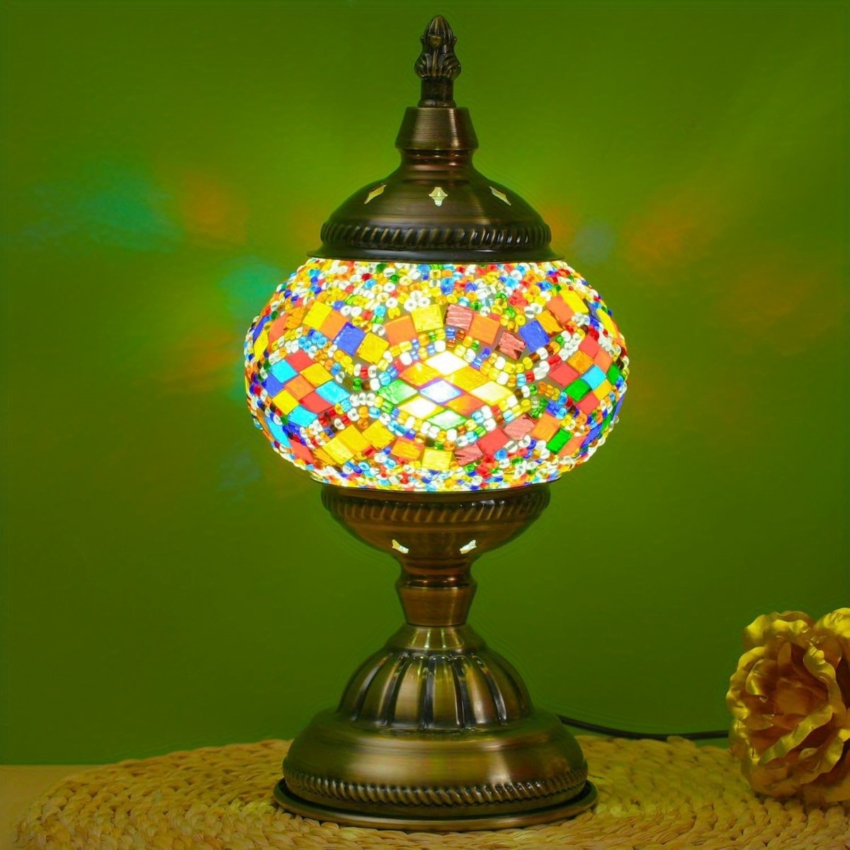 

Handmade Turkish Moroccan Mosaic Table Lamp, 3-color Adjustable Glass Bedside Night Light, Metal Base, Unique Artistic Decorative Lantern For Bedroom, Living Room - Bulb Included