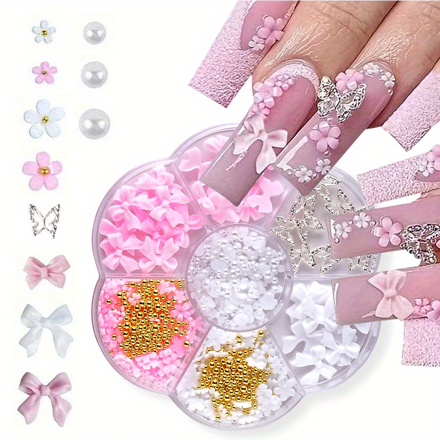 

3d Flower Bow Nail Art Decoration Set, Pink & White Acrylic Gem Charms With Half Pearls For Diy Crafts, Unscented Rhinestone Jewelry Kit