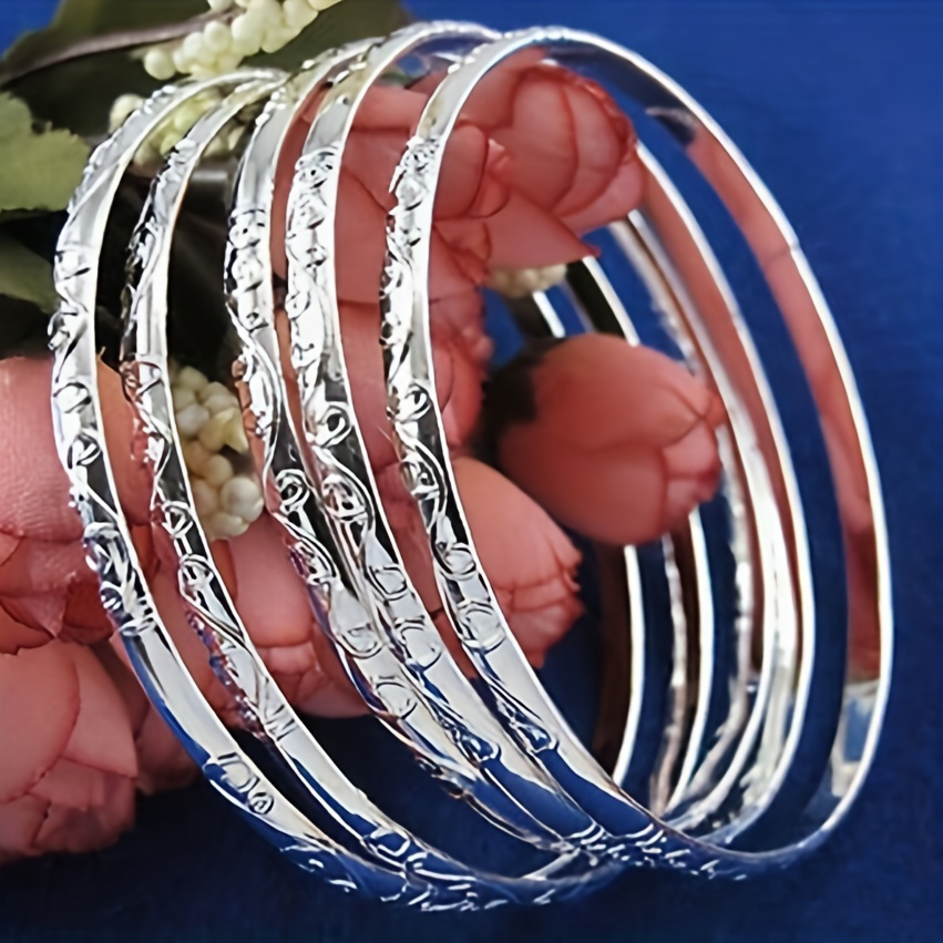 

5pcs/set Pattern Sterling Silver Color Bangle Set, Geometric Circle Hand Jewelry Silver Plated Jewelry Gift