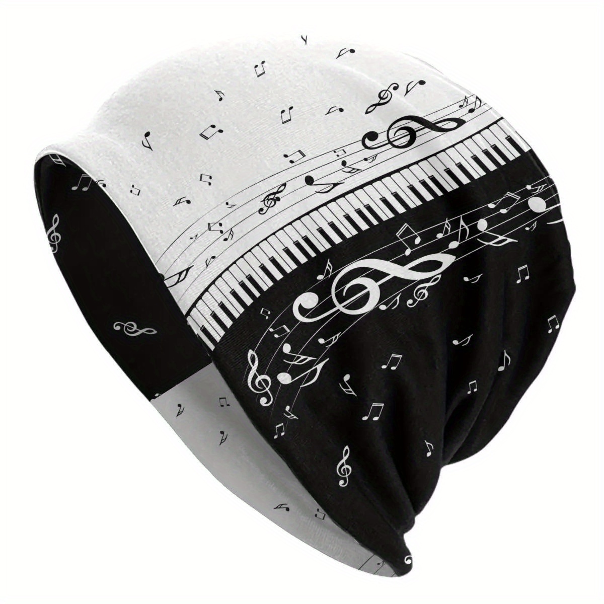 

Men's Music Note Beanie Hat, Unisex Fashion, Vintage Style, Polyester & Spandex Blend, No-brim, Musical Bandana Cap