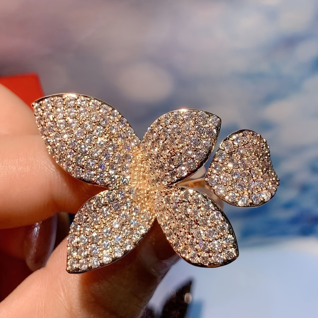 Adjustable Open Ring with Sparkling Zirconia Stones Golden Plated