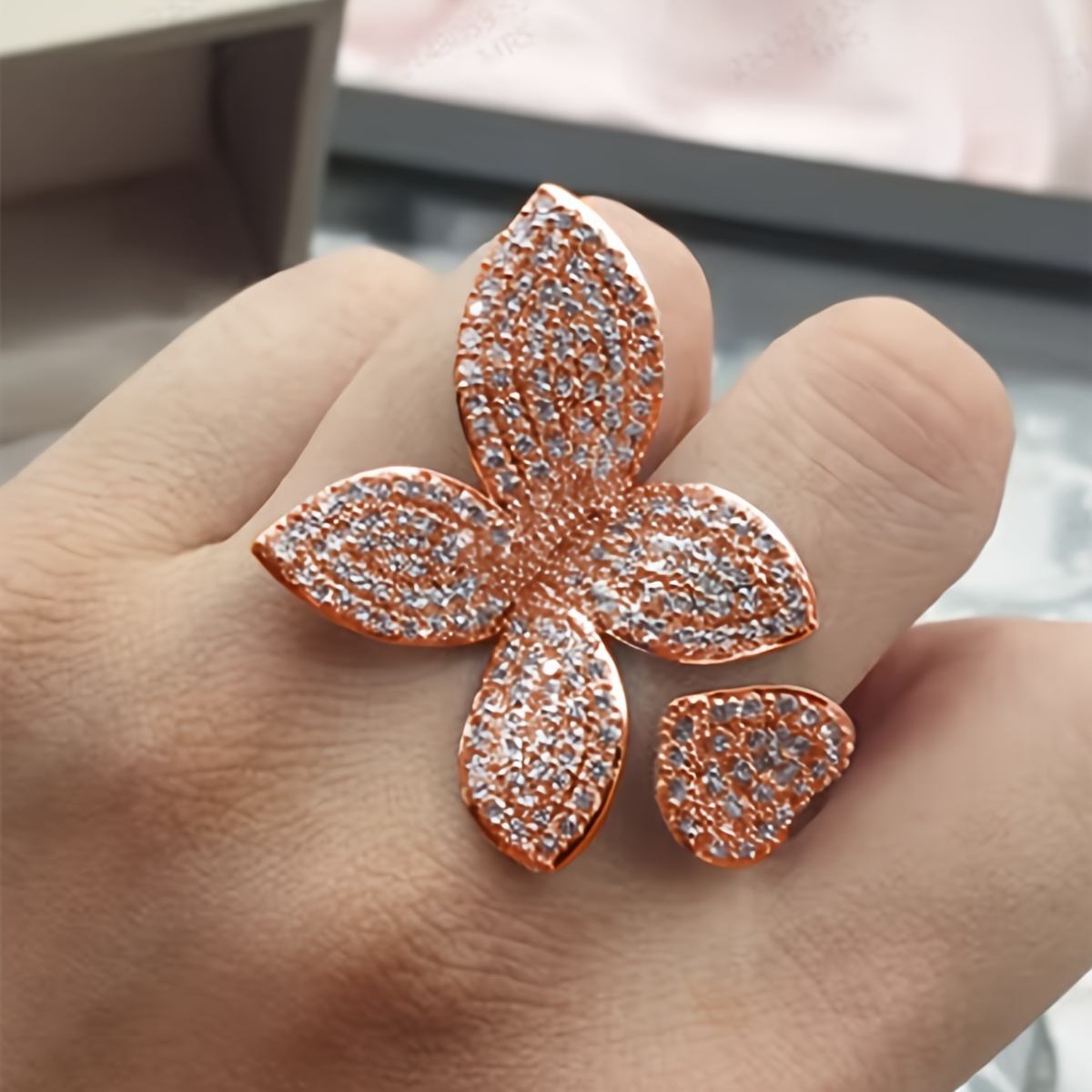 Adjustable Open Ring with Sparkling Zirconia Stones Golden Plated