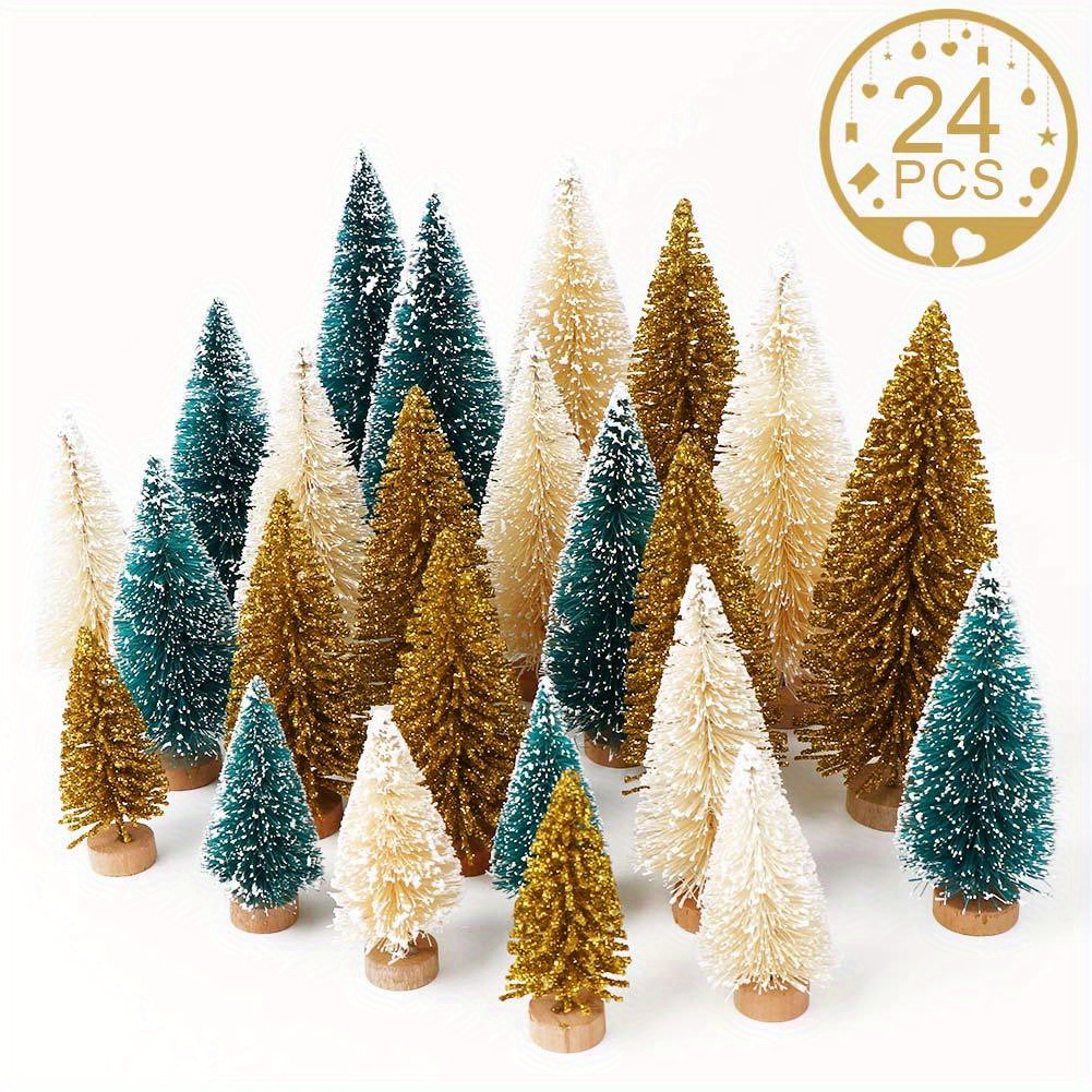 

24pcs Mini Christmas Tree Set With Wooden Bases - Sisal Brush Trees , Golden & Ivory For Tabletop Decor And Winter Crafts