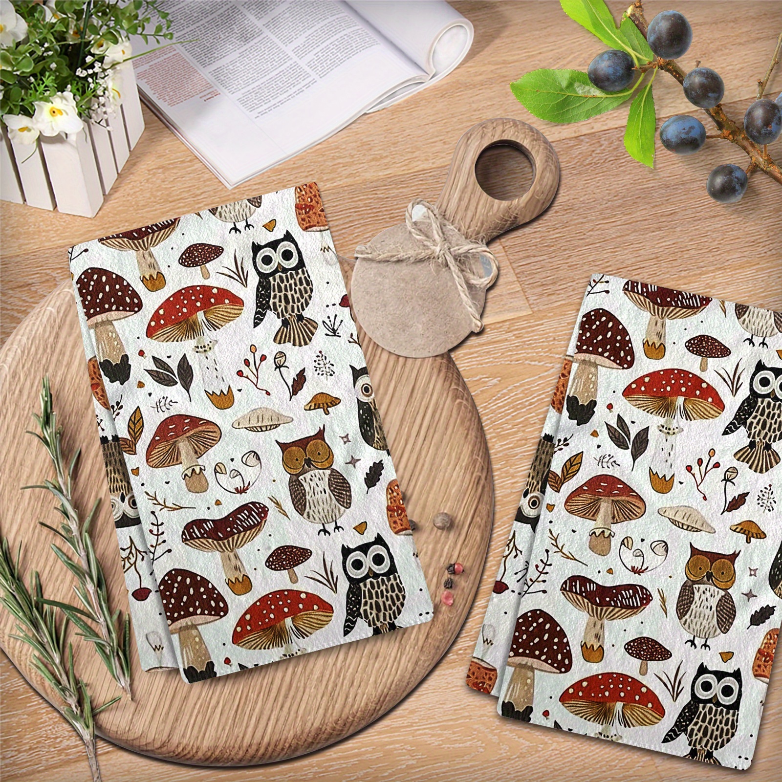 

2-pack Modern Owl And Mushroom Kitchen Towels - , Machine Washable, Knit Fabric Dish Cloths For Kitchen And Living Room Decor, Cartoon Themed Dish Towels, Ideal Housewarming Gift For