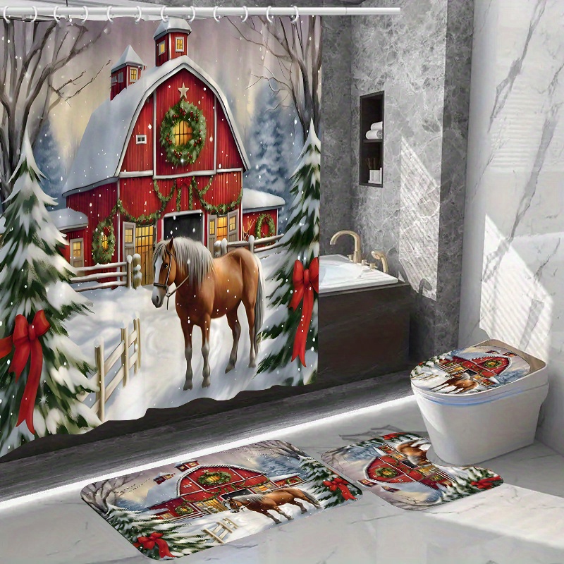 

Christmas Shower Curtain Set 12 : , Bathroom Mat, And Rug - Polyester , , And Suitable For Jit