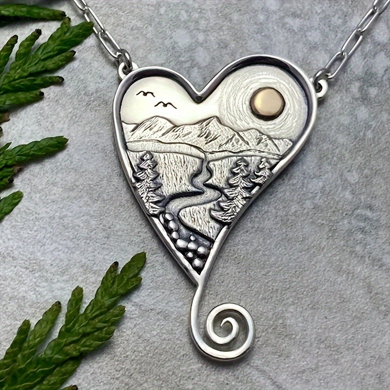 

Vintage Bohemian Mountain River Sun Heart Pendant Necklace - Exquisitely Crafted, One-of-a-kind Design For A Chic, Sophisticated Look - Embracing Charm With A