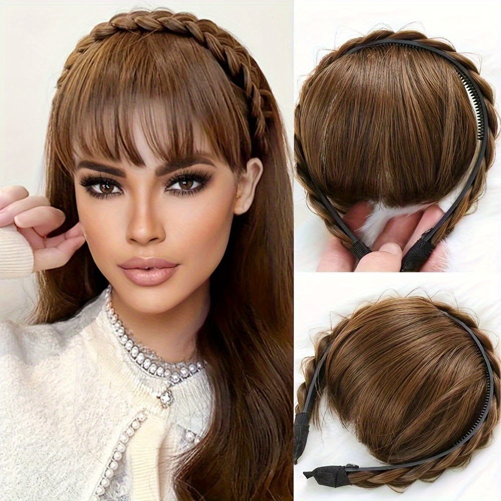 

Unisex Chunky Wide Braided Headband - Synthetic Hairpiece With 3 Strands, Versatile For All Hair Types, Brown