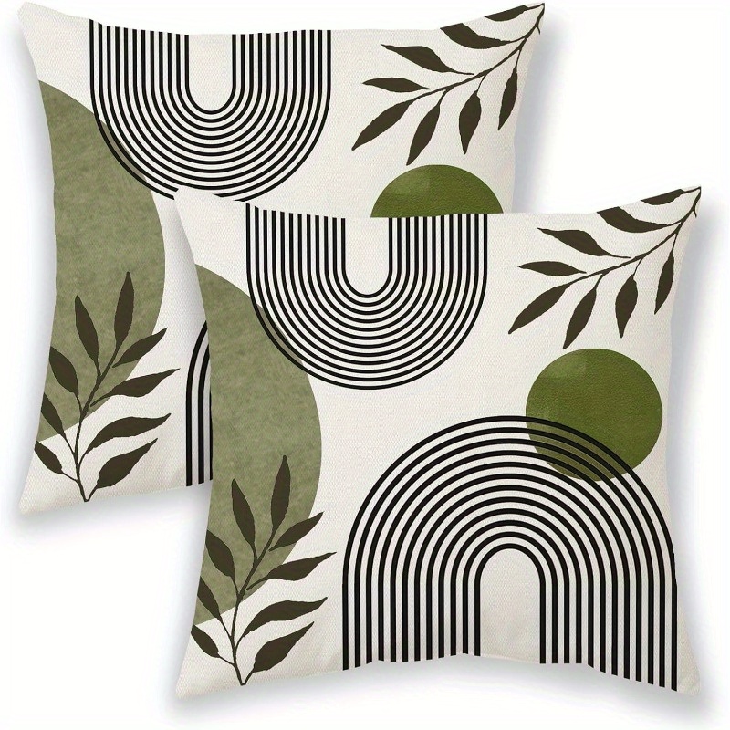 

2pcs Set 18x18 Bohemian Throw Pillow Covers - Green & Tropical Leaf Design, Medieval Abstract Art For Farmhouse Decor, Soft Polyester, , Decorative Pillows