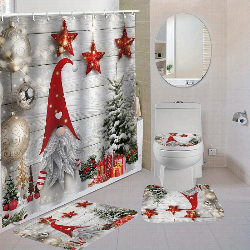 

Christmas Shower Curtain Set With Non-slip Bath Mats, Toilet Cover, And 12 Hooks - Woven Polyester Fabric, Water-resistant, Fashion Pattern Curtain With Dry Clean Only Instruction For Bathroom Decor