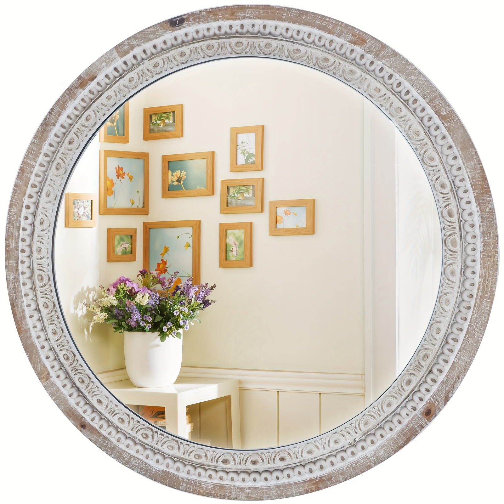 

24" Round Decorative Wall Mirror Farmhouse Mirror With Beads, Wooden Frame Rustic Distressed Design For Bedroom, Bathroom, Living Room, Entryway Decor