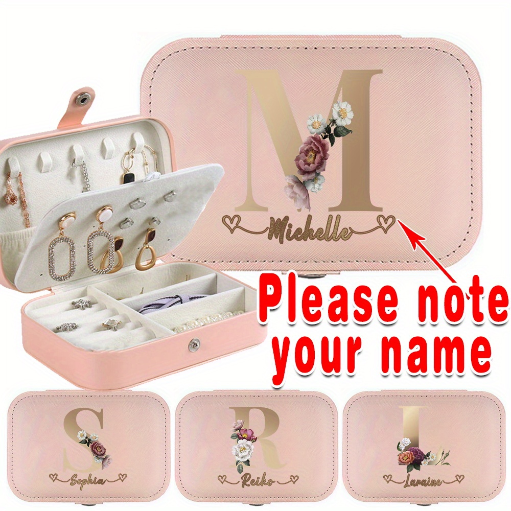 

Personalized Women's Jewelry Organizer - Custom Name Faux Leather Case With Golden Floral Lettering, Dustproof Storage For Earrings, Bracelets, Rings & Necklaces