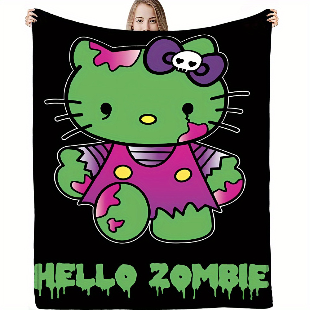 

Hello Zombie Kitty Flannel Throw Blanket - Soft Polyester Knitted Digital Print - All-season Multipurpose Cartoon Style Blanket For Home, Picnic, Travel - Trick Or Treat Gift - 1pc