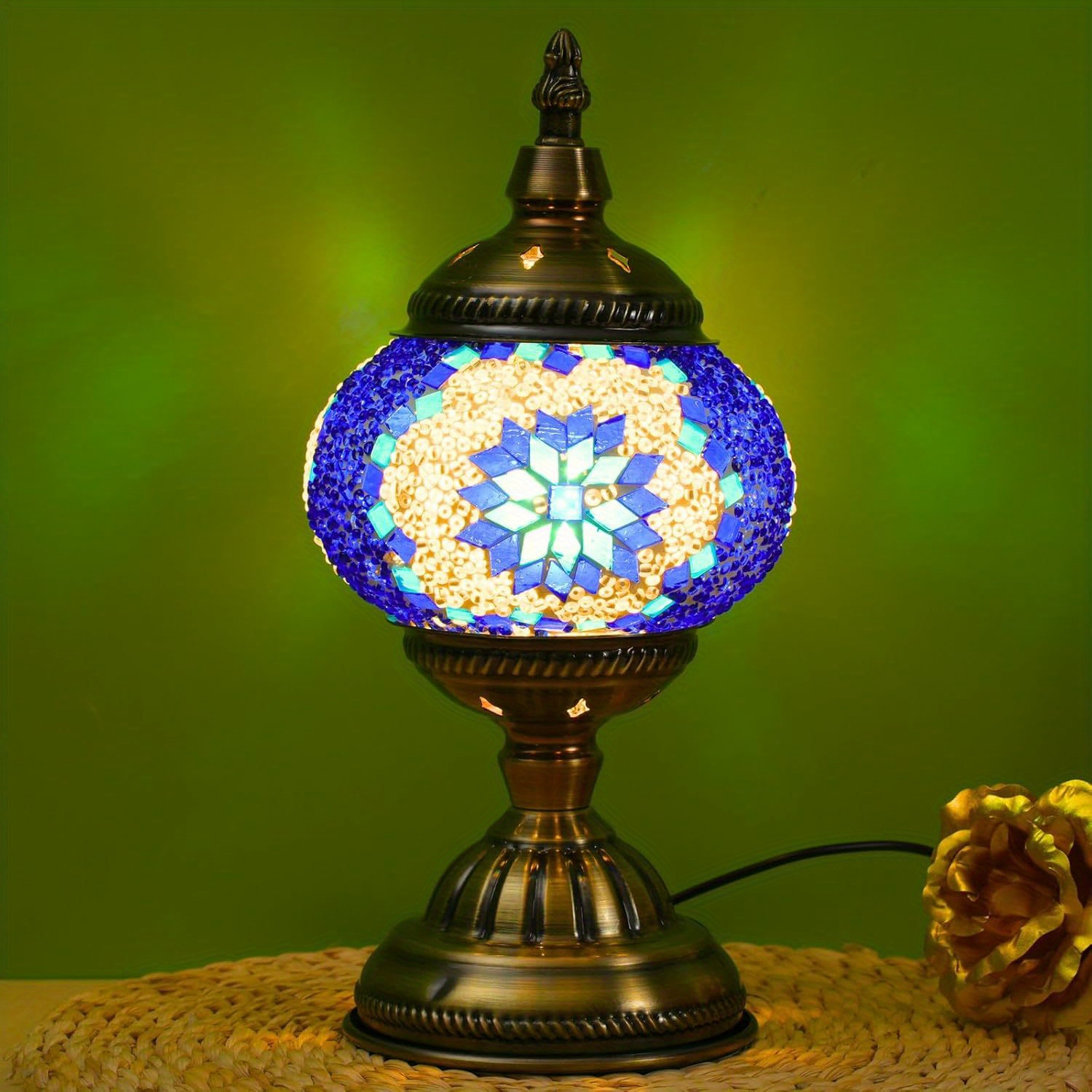 

Turkish Moroccan Mosaic Table Lamp Bedside Night Light With Metal Base For Bedroom And Living Room Decor - 3-color Adjustable, Handmade Glass, Bulb Included