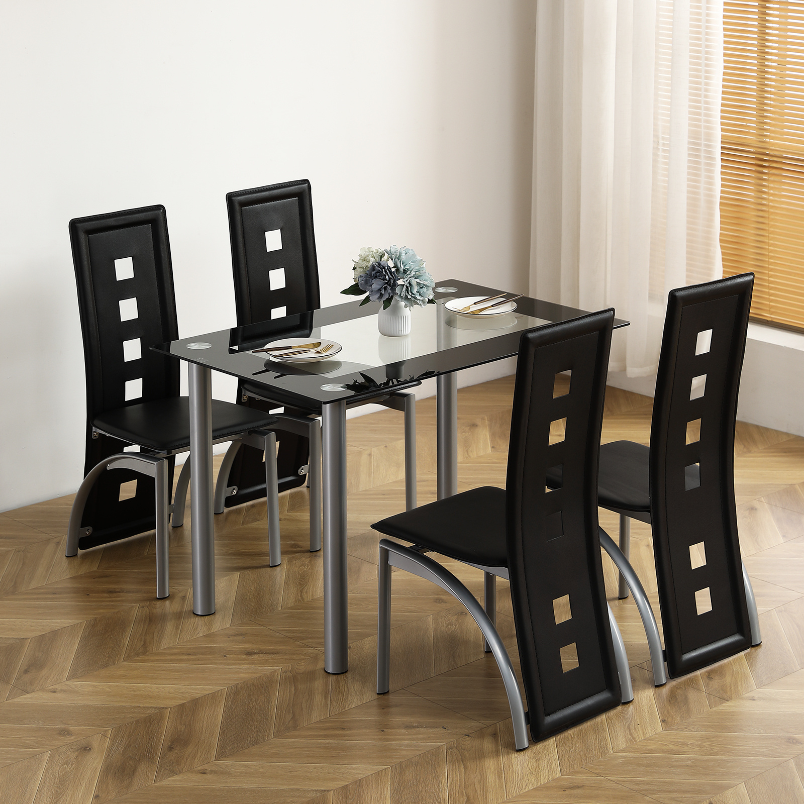 TEMU Set Of 5 Black Glass Dining Table With 4 Chairs, Rectangular Modern Kitchen Table For Dining And Breakfast Furniture