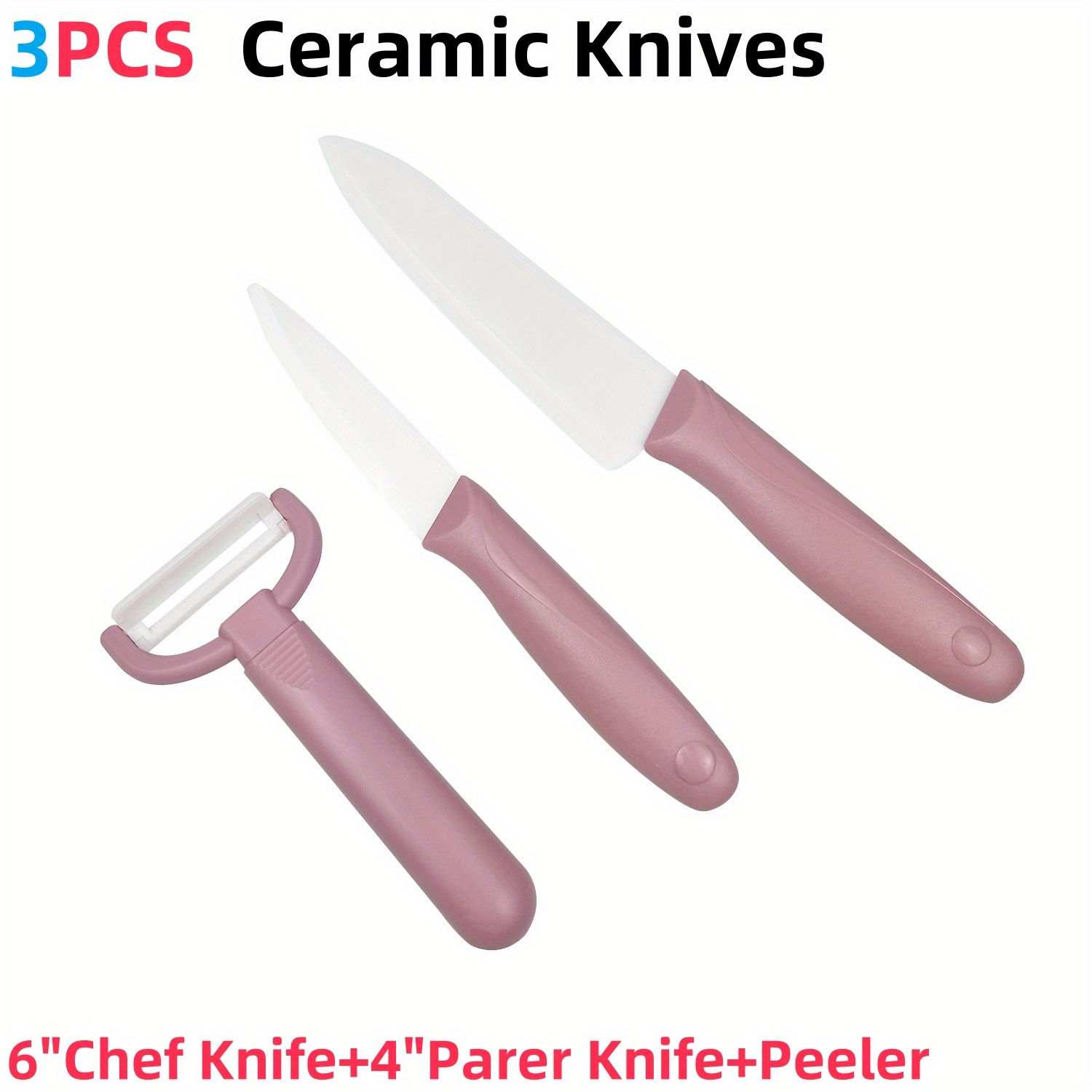 

3pcs Kitchen Knives Set Pink 6 Inches Chef Knife +4 Inches Parer Knife +fruit Peeler For Fruit Peeling And Cutting Meat And Vegetables