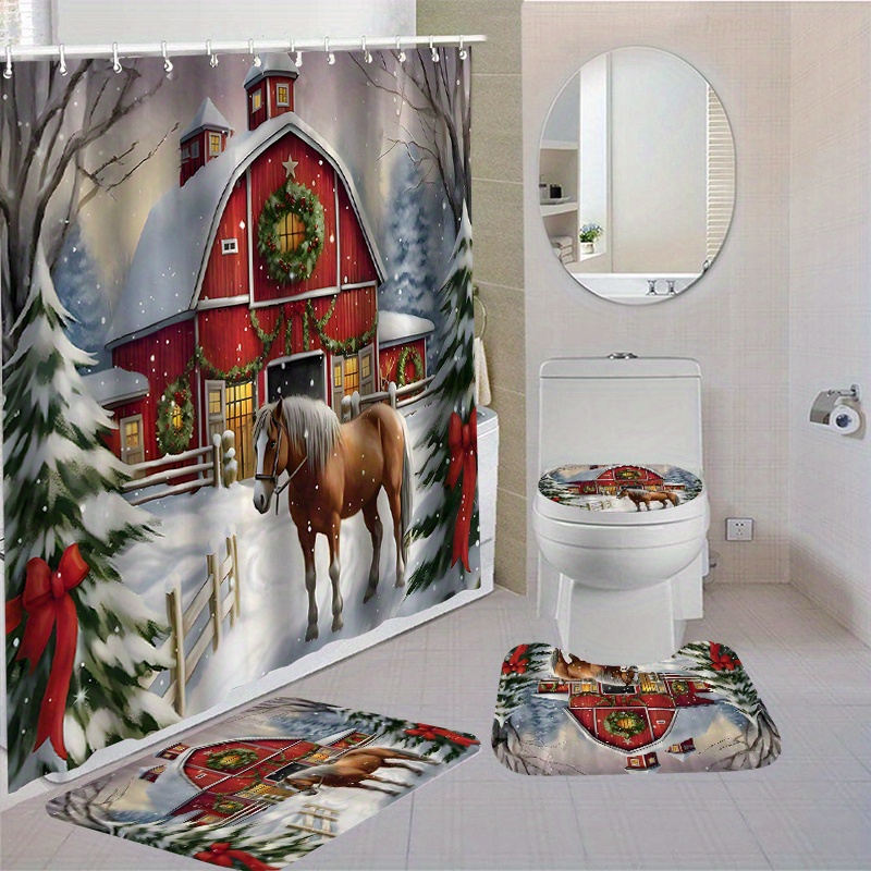 

Christmas Themed Shower Curtain Set With Horse And Barn Motif - Woven, Water-resistant Polyester Bathroom Decor With Non-slip Rugs, Toilet Cover, Bath Mat, And 12 Hooks - Dry Clean Only Accessory Set