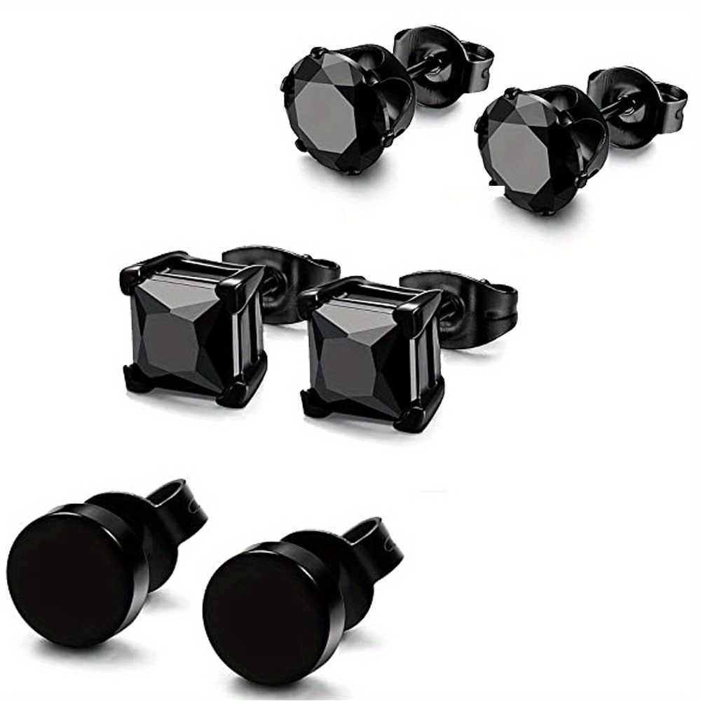 

1 Pair Of Punk Square Black Zircon Earrings Men's And Women's Set 6mm