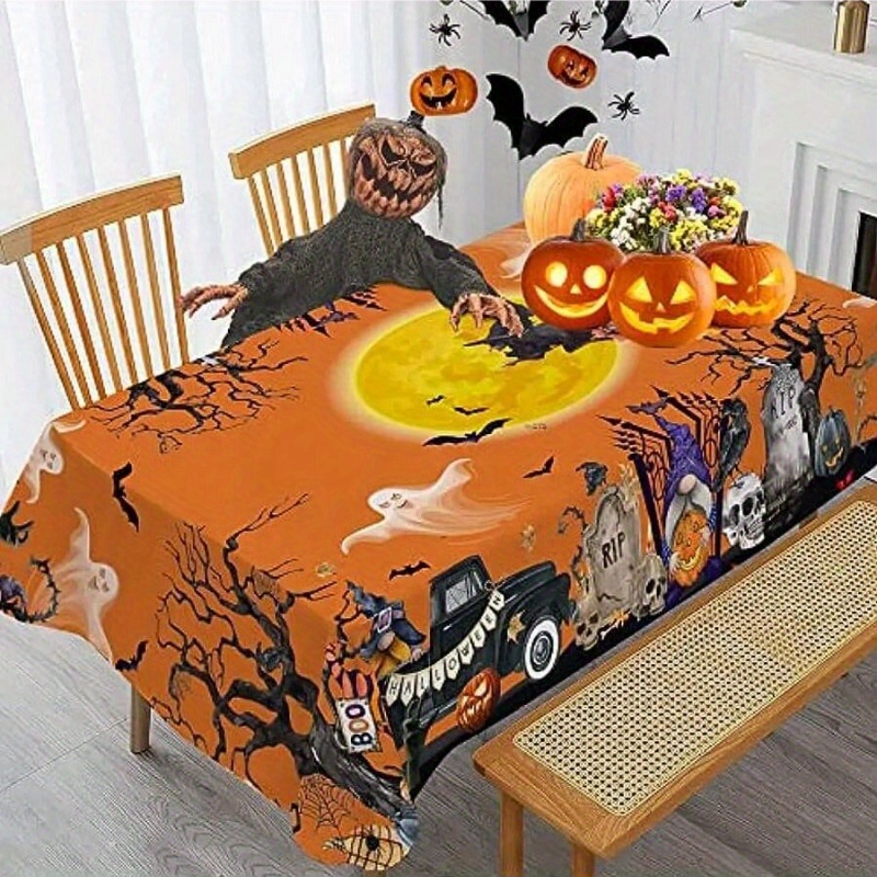 

Themed Rectangular Tablecloth With Haunted Truck, Trees & Pumpkin Design - 100% Polyester Non-woven Fabric, Machine Made For Indoor Dining, Party, Picnic & Festive Decorations