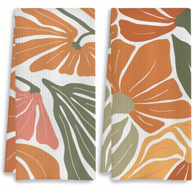 

2pcs Set Of Polyester Floral Hand Towels, 18x26 Inches - Vibrant Orange, Green, And Design For Kitchen & Bathroom Decor, Machine Washable, Hand Towels For Bathroom