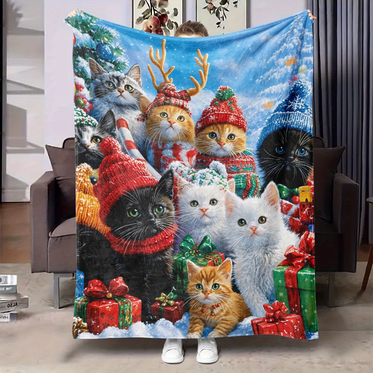 

Christmas Cats In Santa Hats Pattern Flannel Fleece Blanket - Soft, Cozy, Multi-seasonal Polyester Blend Throw For Couch, Travel, Pet, Holiday Gift - Uncharged