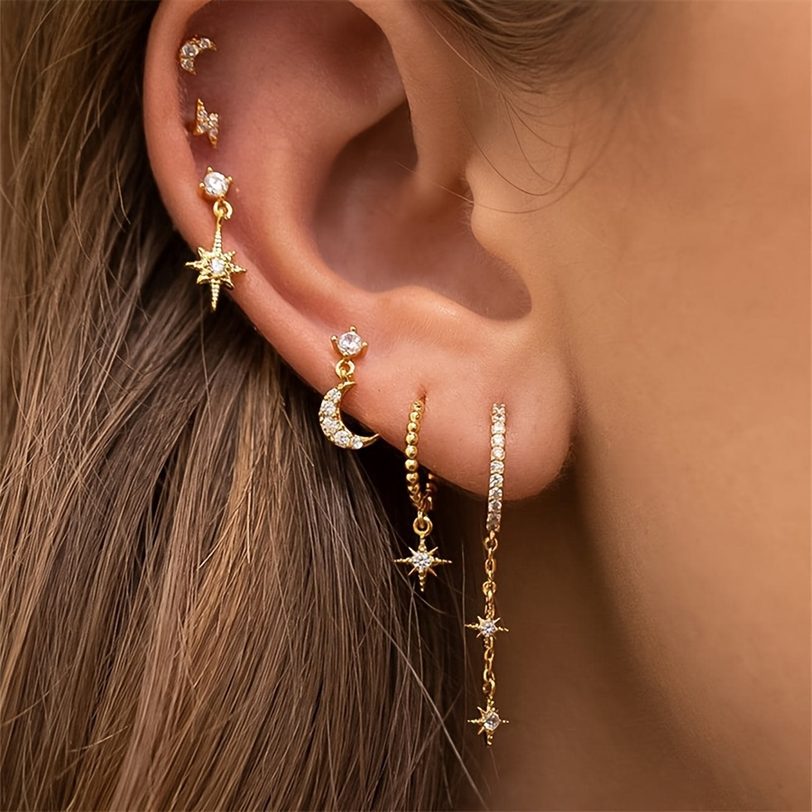 

Set Of 6 Vintage Bohemian Style Earrings, Asymmetrical Star And Moon Design, High-end Copper Zircon Drop Earrings, Fashionable Zircon Stud Earrings For Women Eid Gifts