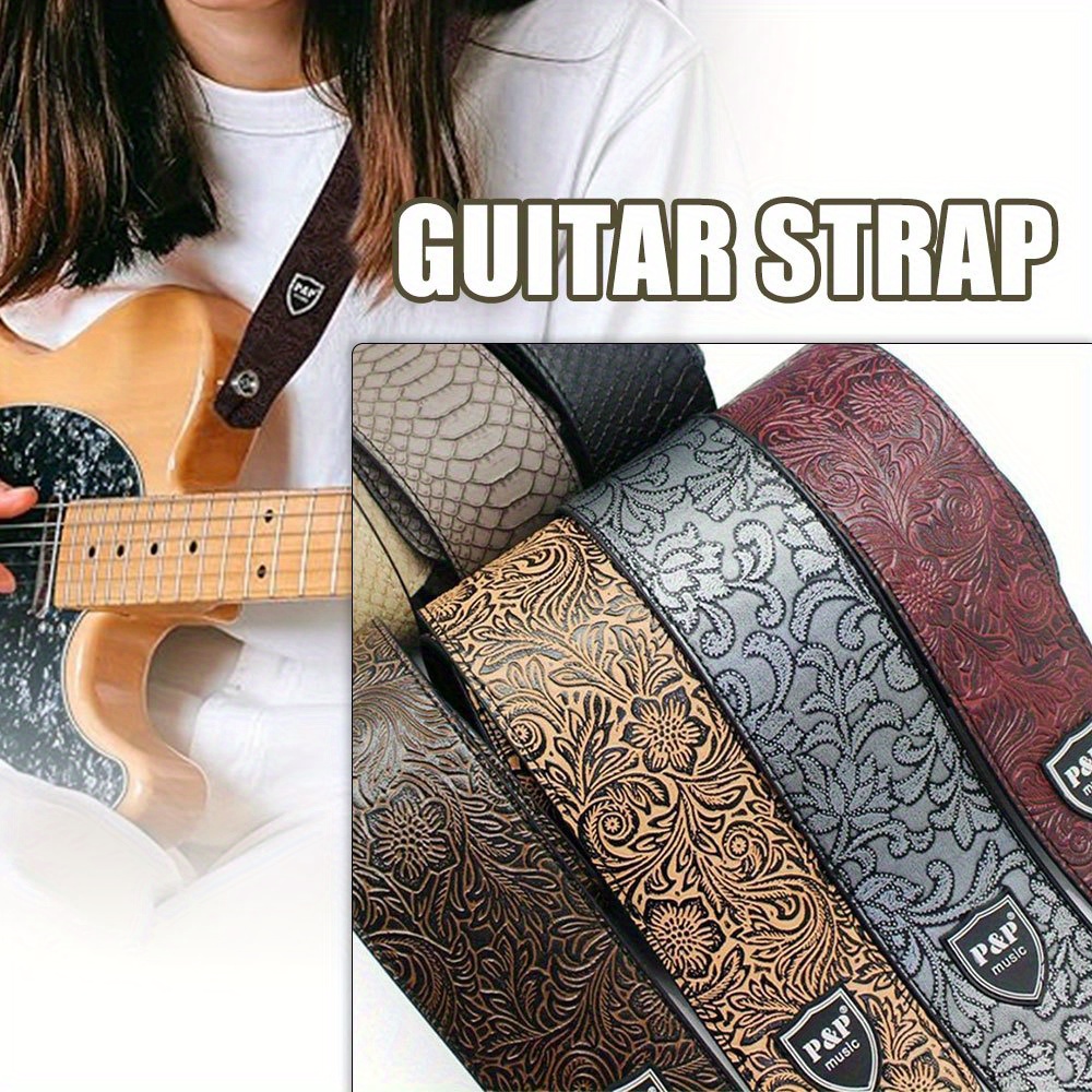 

Adjustable Leather Guitar Strap With Elegant Floral Embroidery - Soft, & Easy-to-install - Acoustic, Electric & Bass Guitars - In Multiple Colors, Guitar Accessories