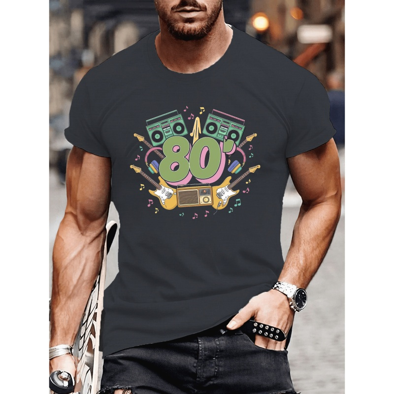 

T-shirt homme décontracté en polyester tricoté avec col rond et motif géométrique imprimé, manches courtes et ajustement régulier pour l'été - Tee graphique de la scène musicale des années 80