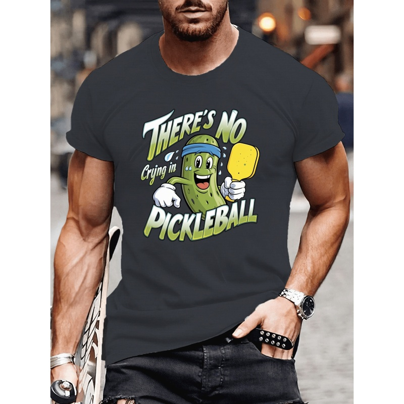 

Men's Polyester Casual Crew Neck T-shirt With "there's No Crying In Pickleball" Print, Regular Fit Short Sleeve Knit Fabric Tee For Summer