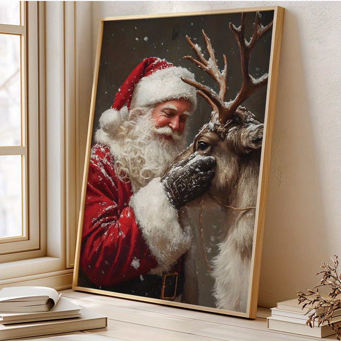 

1pc Contemporary Christmas Canvas Print Wall Art, Santa With Reindeer, Seasonal Decoration, Cozy Decorative Painting, Ideal For Bathroom And Hallway Wall Decor, Home Decor Gift – No Frame